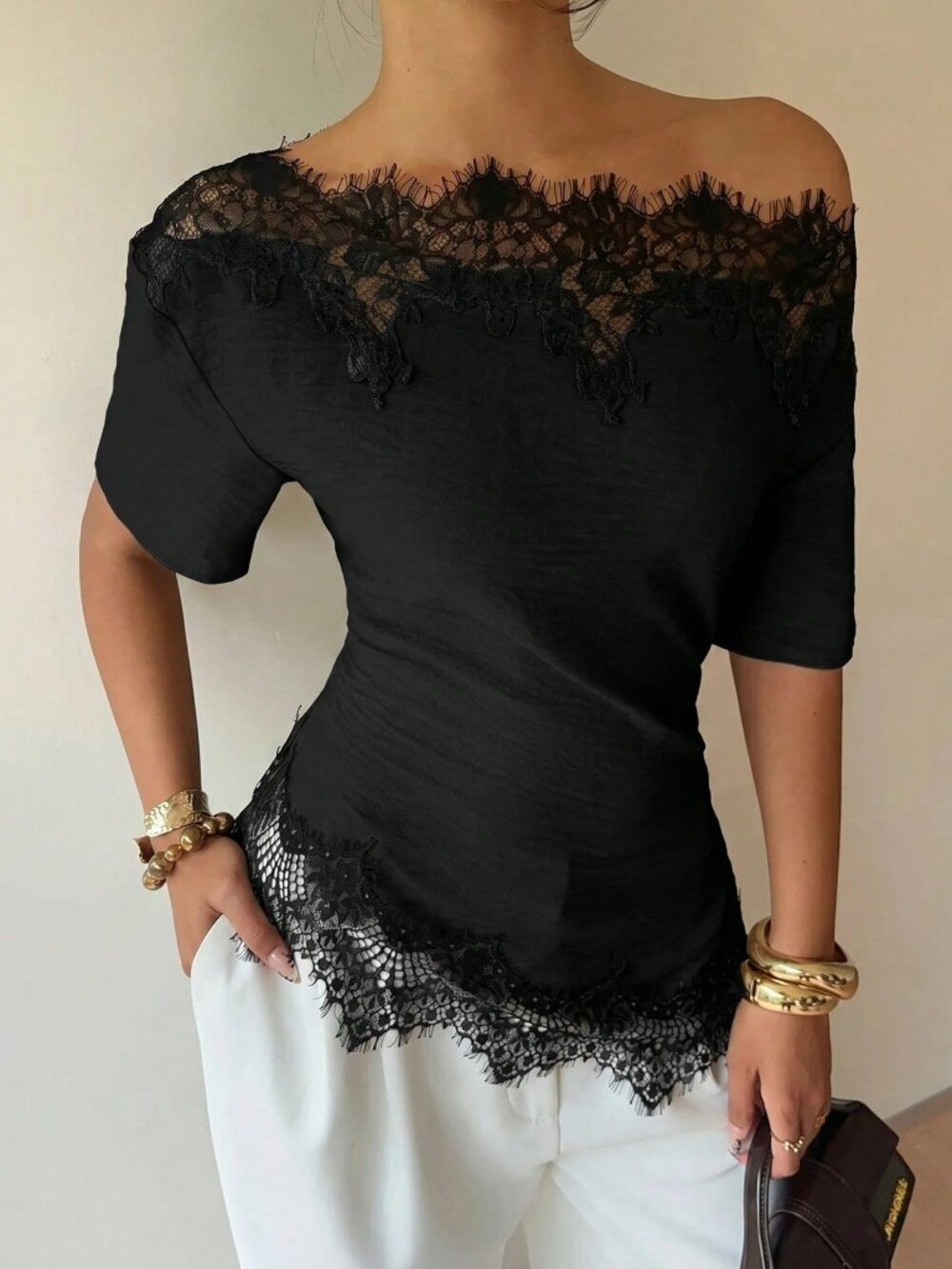 Black Casual Women's Asymmetrical Neckline Lace Patchwork Blouse
